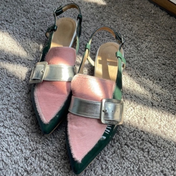 Handmade Pink and Green with Silver Buckle Loafers - Picture 1 of 4